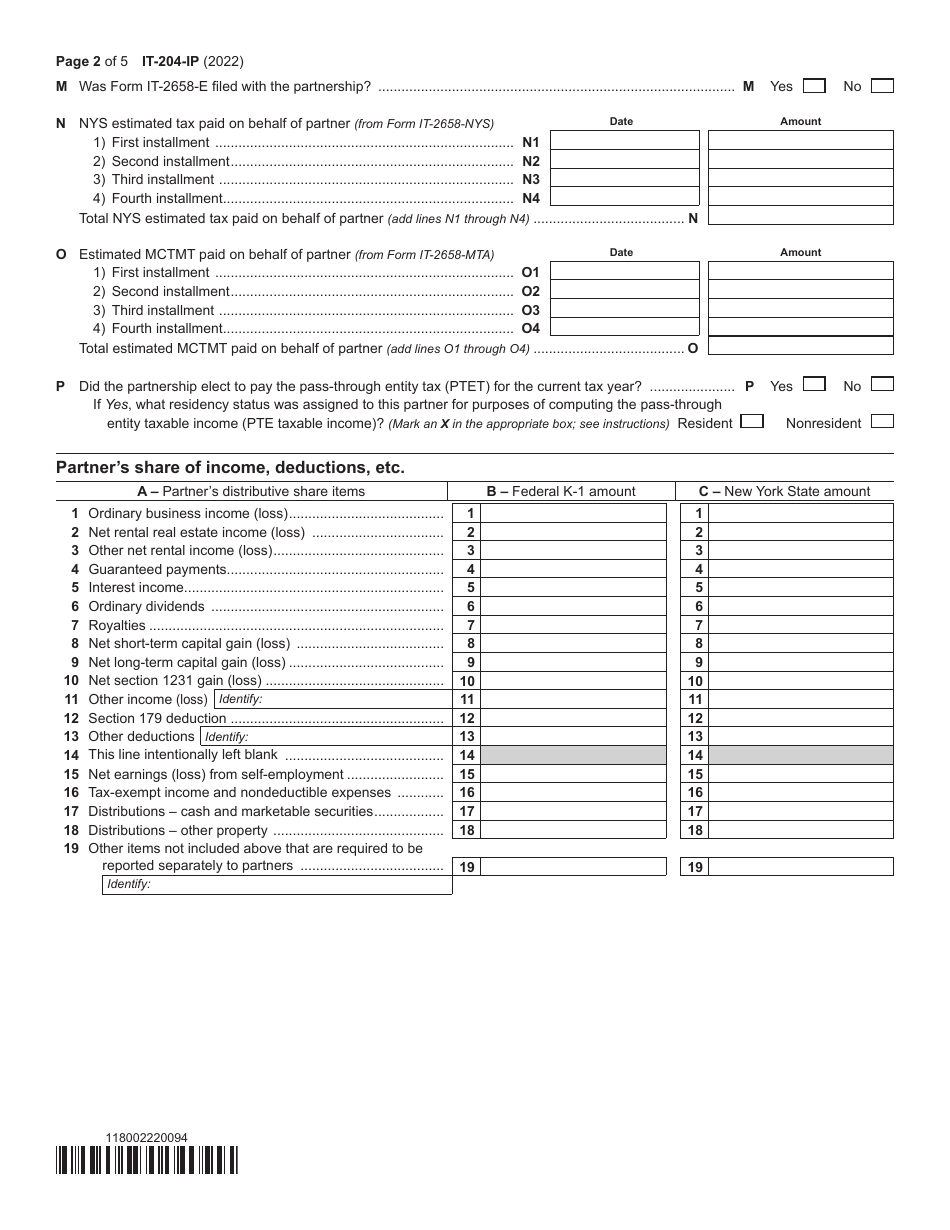 Form IT-204-IP Schedule K-1 New York Partners Schedule - New York, Page 2