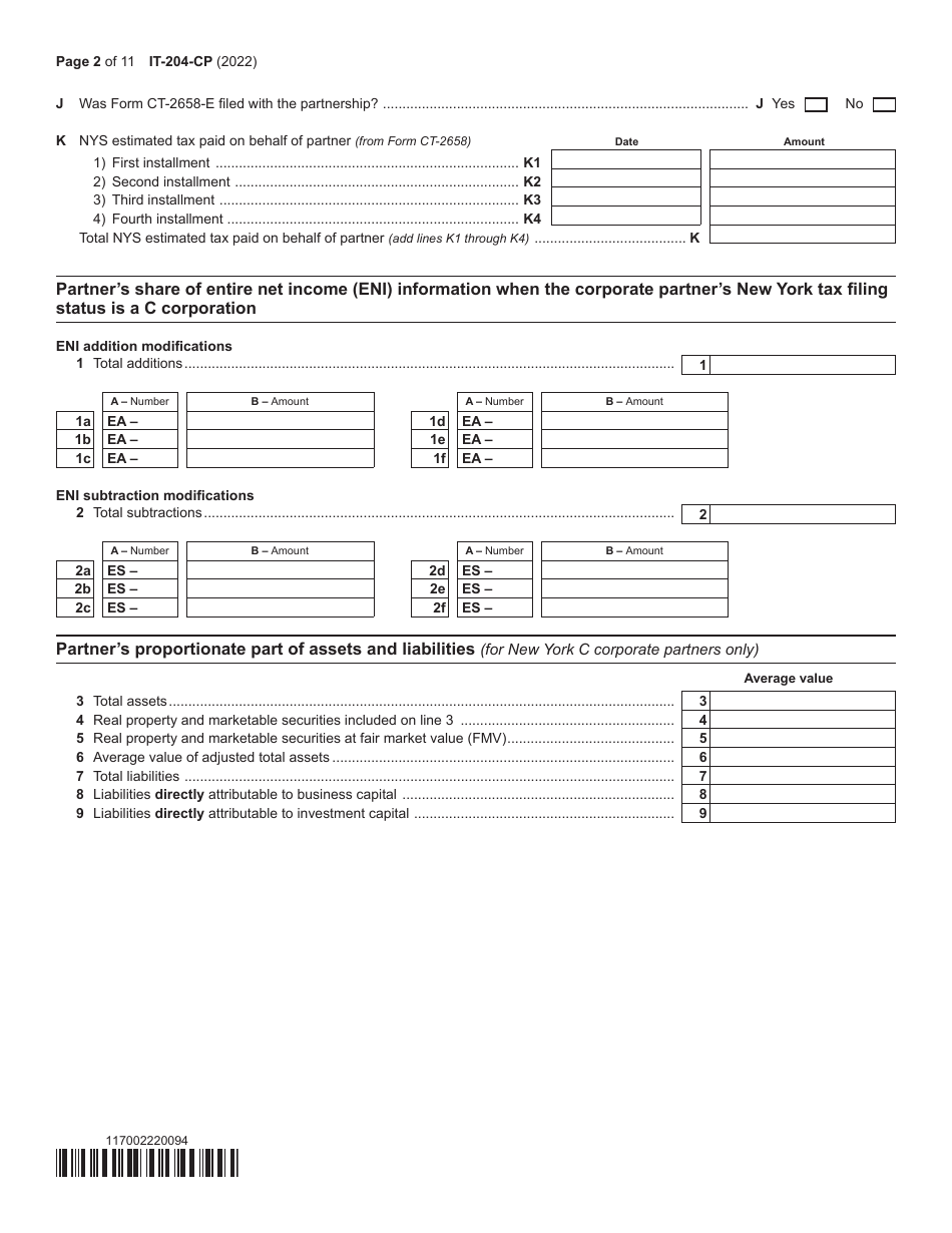 Form IT204CP Schedule K1 Download Fillable PDF or Fill Online New