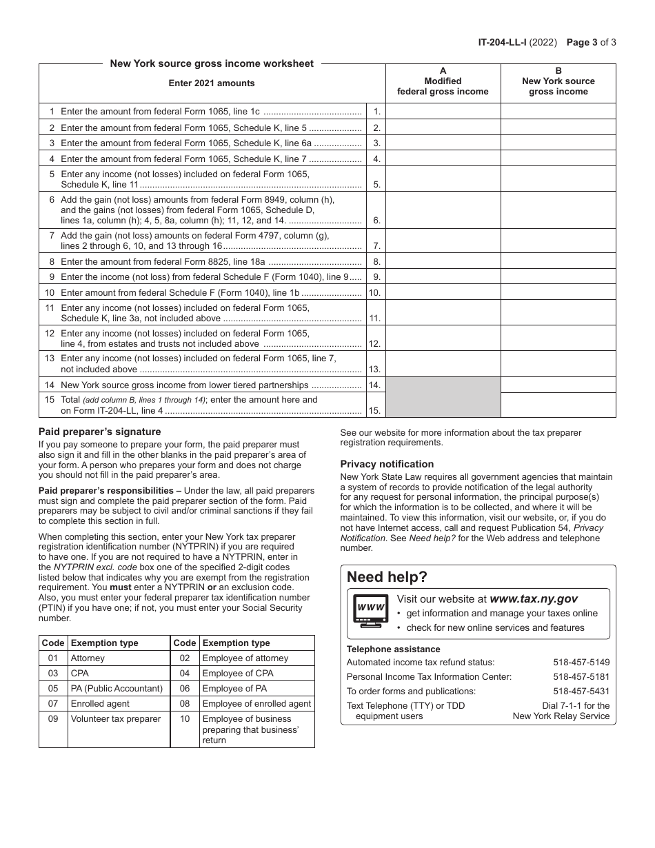 Instructions for Form IT-204-LL Partnership, Limited Liability Company, and Limited Liability Partnership Filing Fee Payment Form - New York, Page 3