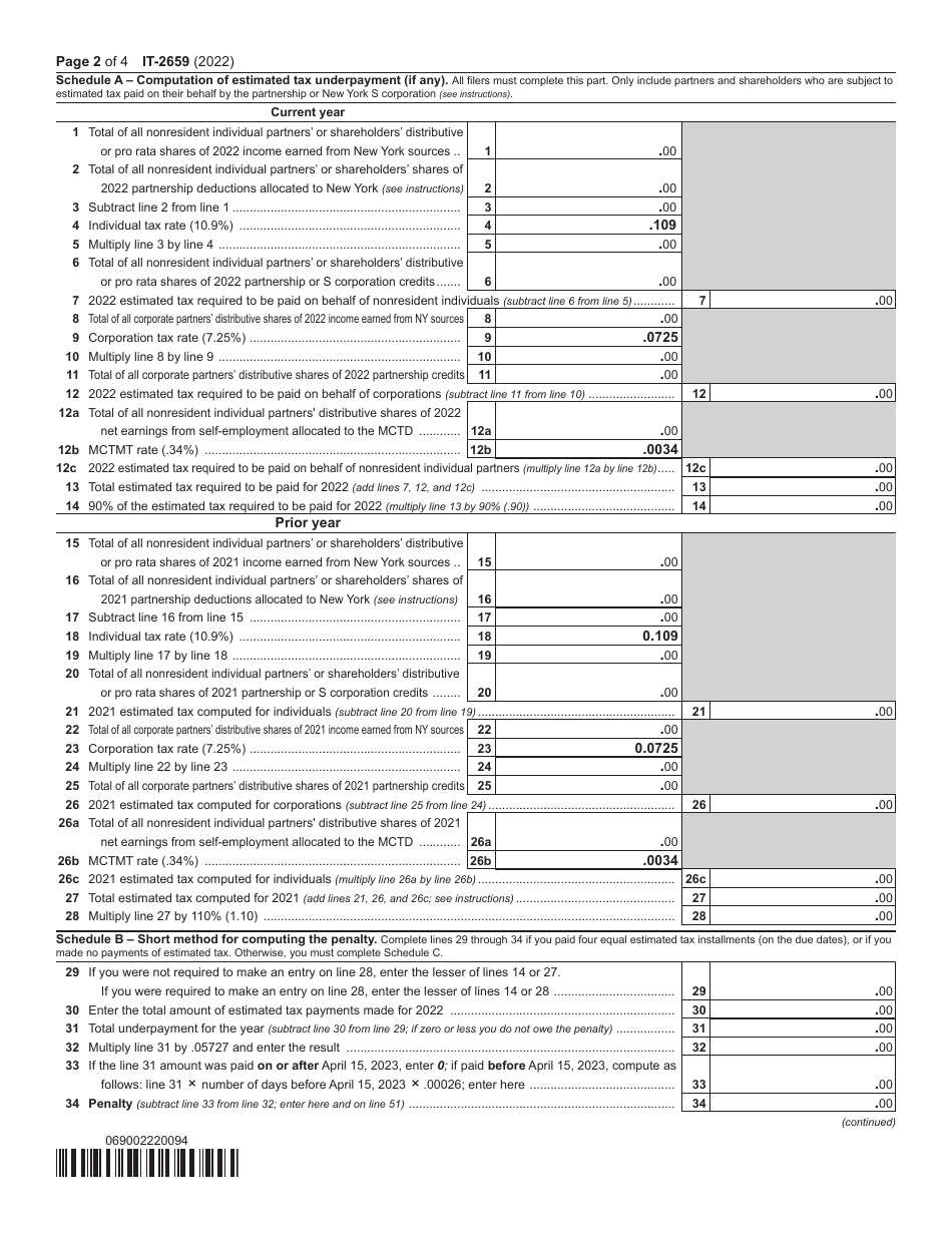 Form IT-2659 Estimated Tax Penalties for Partnerships and New York S Corporations - New York, Page 2