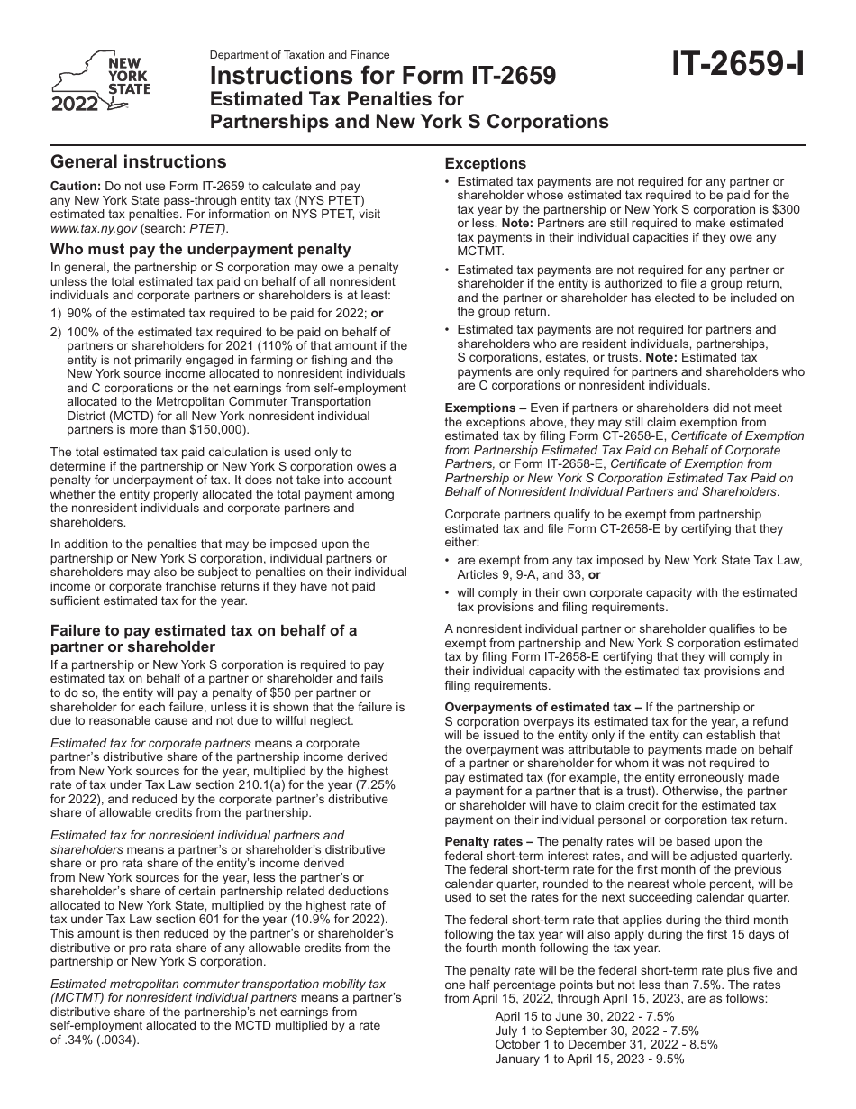 Instructions for Form IT-2659 Estimated Tax Penalties for Partnerships and New York S Corporations - New York, Page 1