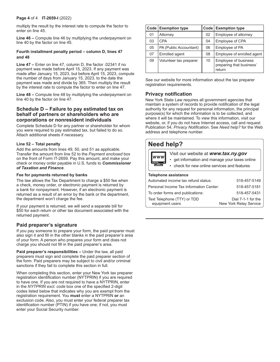 Instructions for Form IT-2659 Estimated Tax Penalties for Partnerships and New York S Corporations - New York, Page 4