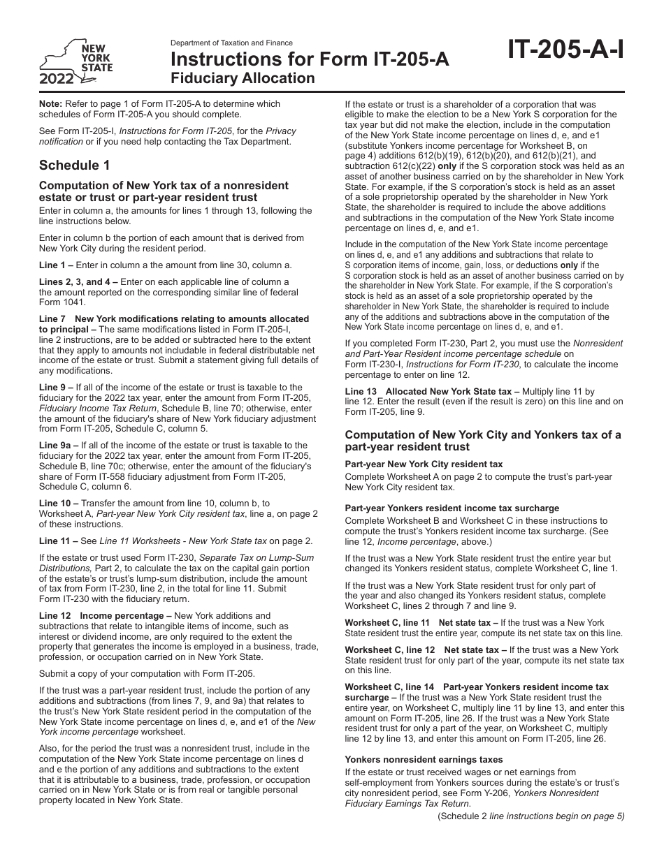 Instructions for Form IT-205-A Fiduciary Allocation - New York, Page 1