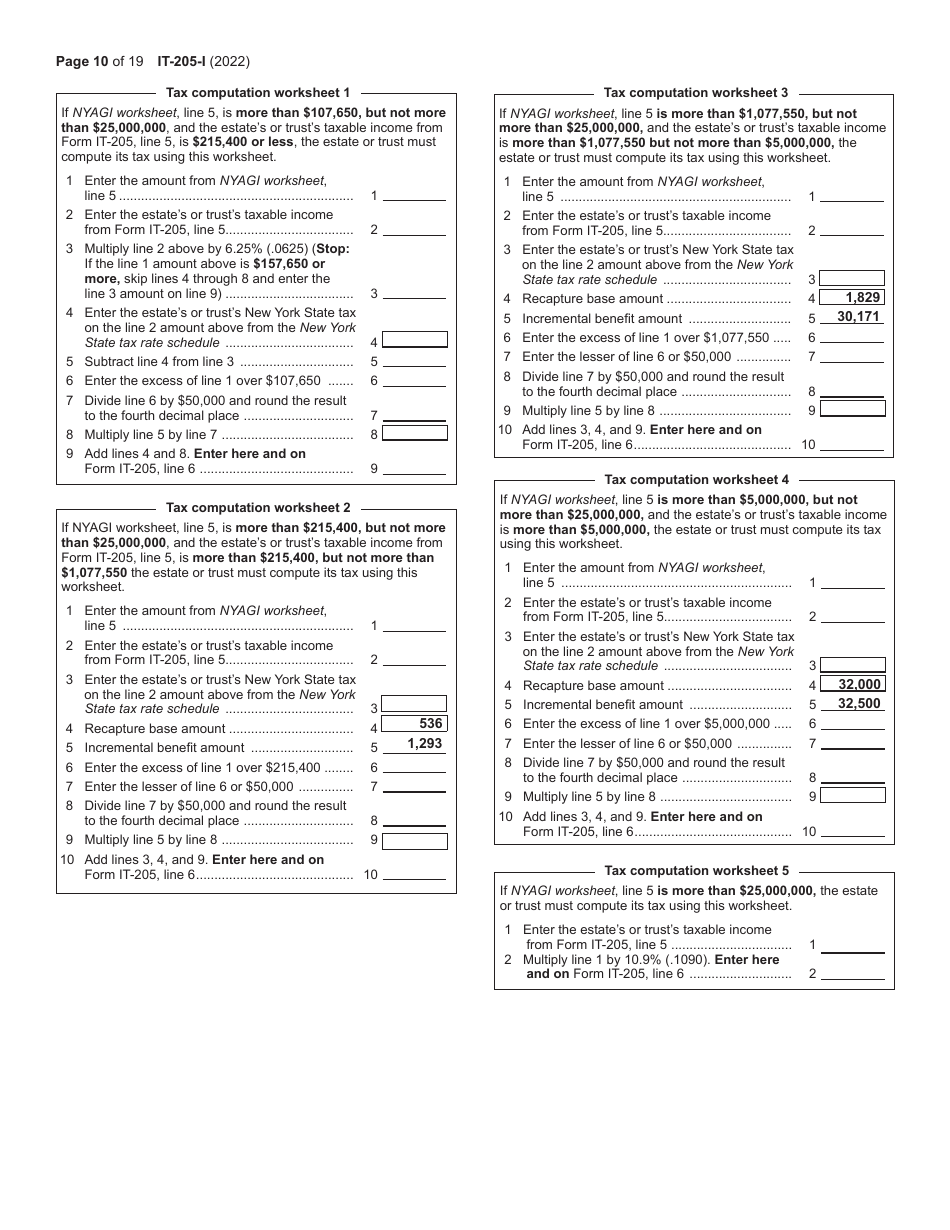 Instructions for Form IT-205 Fiduciary Income Tax Return - New York, Page 10