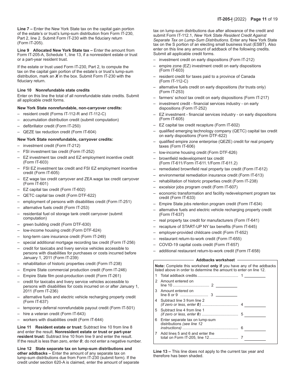 Instructions for Form IT-205 Fiduciary Income Tax Return - New York, Page 11