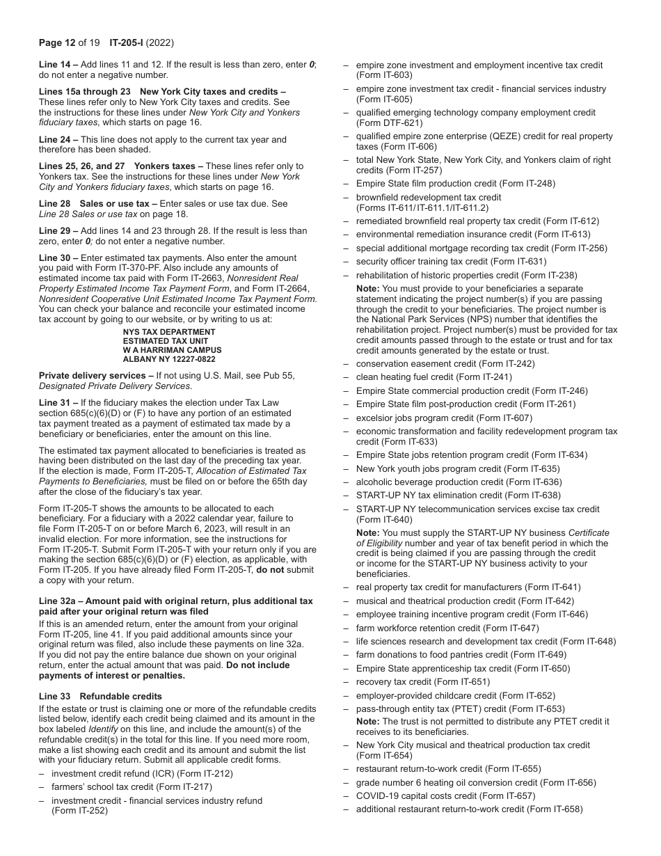 Instructions for Form IT-205 Fiduciary Income Tax Return - New York, Page 12