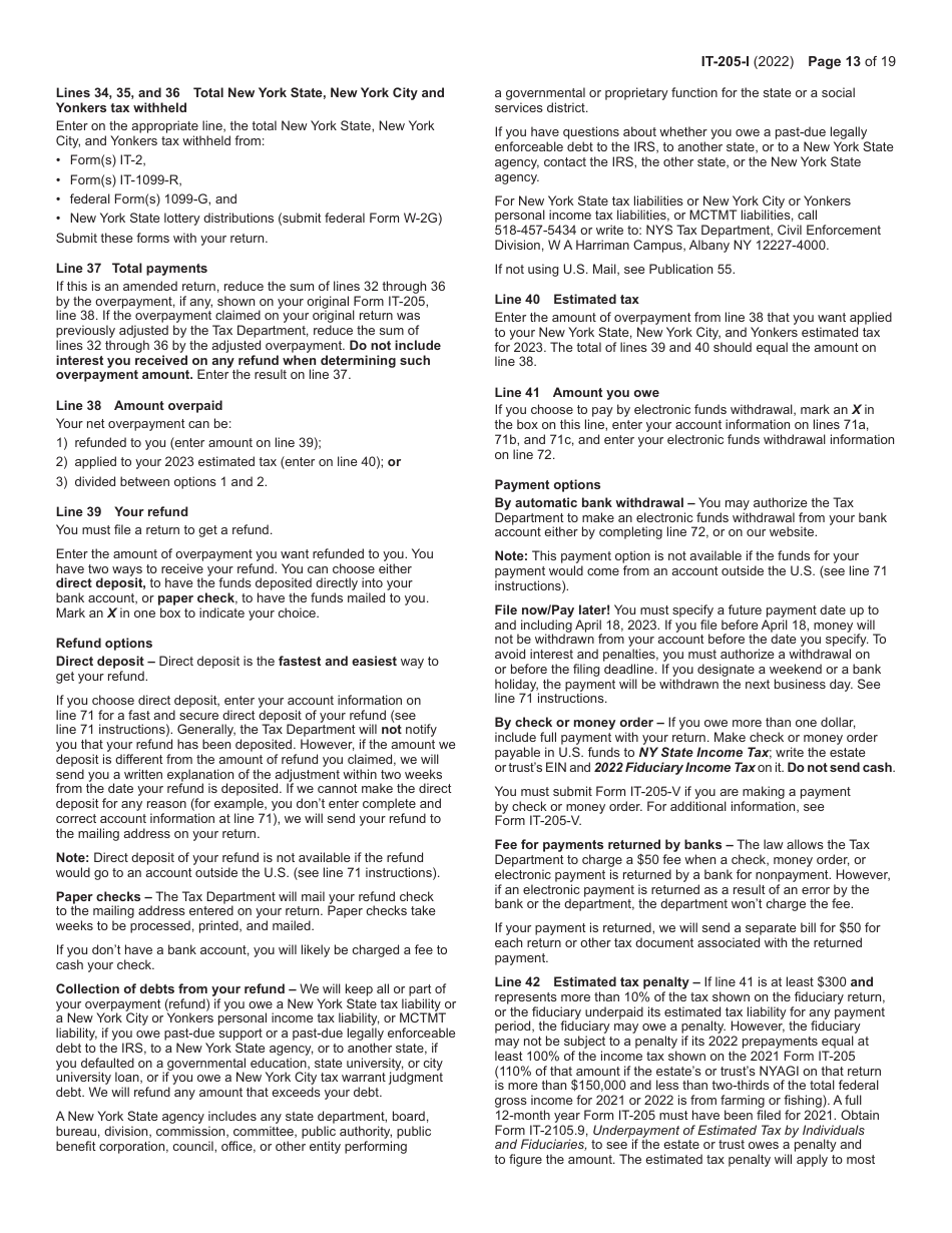 Instructions for Form IT-205 Fiduciary Income Tax Return - New York, Page 13