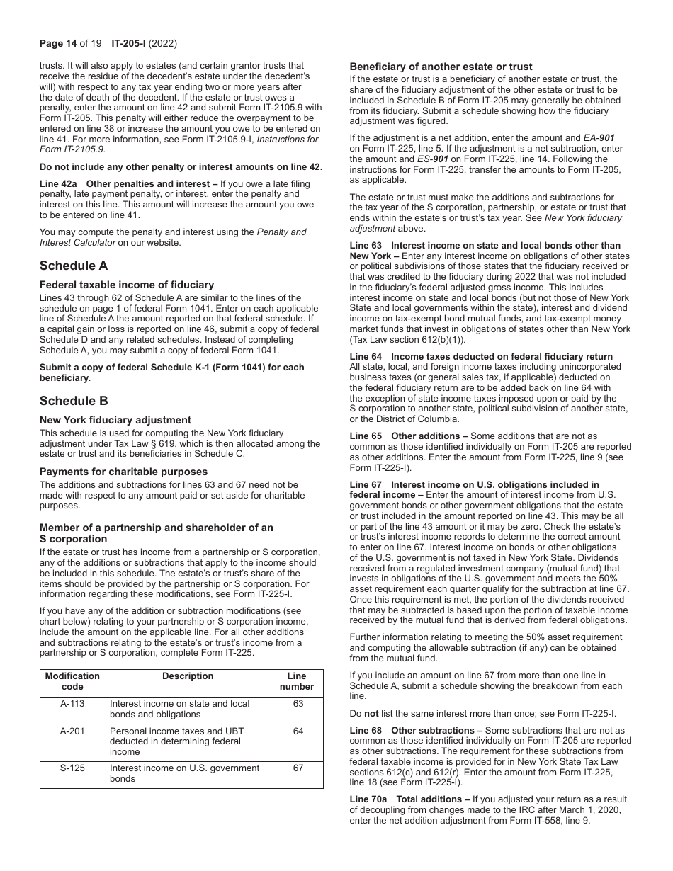 Instructions for Form IT-205 Fiduciary Income Tax Return - New York, Page 14
