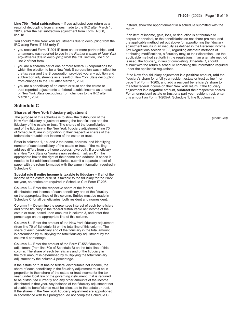 Instructions for Form IT-205 Fiduciary Income Tax Return - New York, Page 15