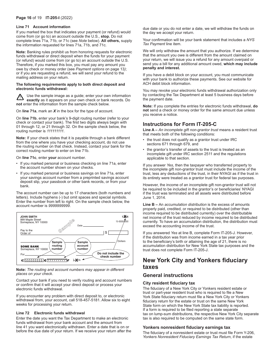 Instructions for Form IT-205 Fiduciary Income Tax Return - New York, Page 16