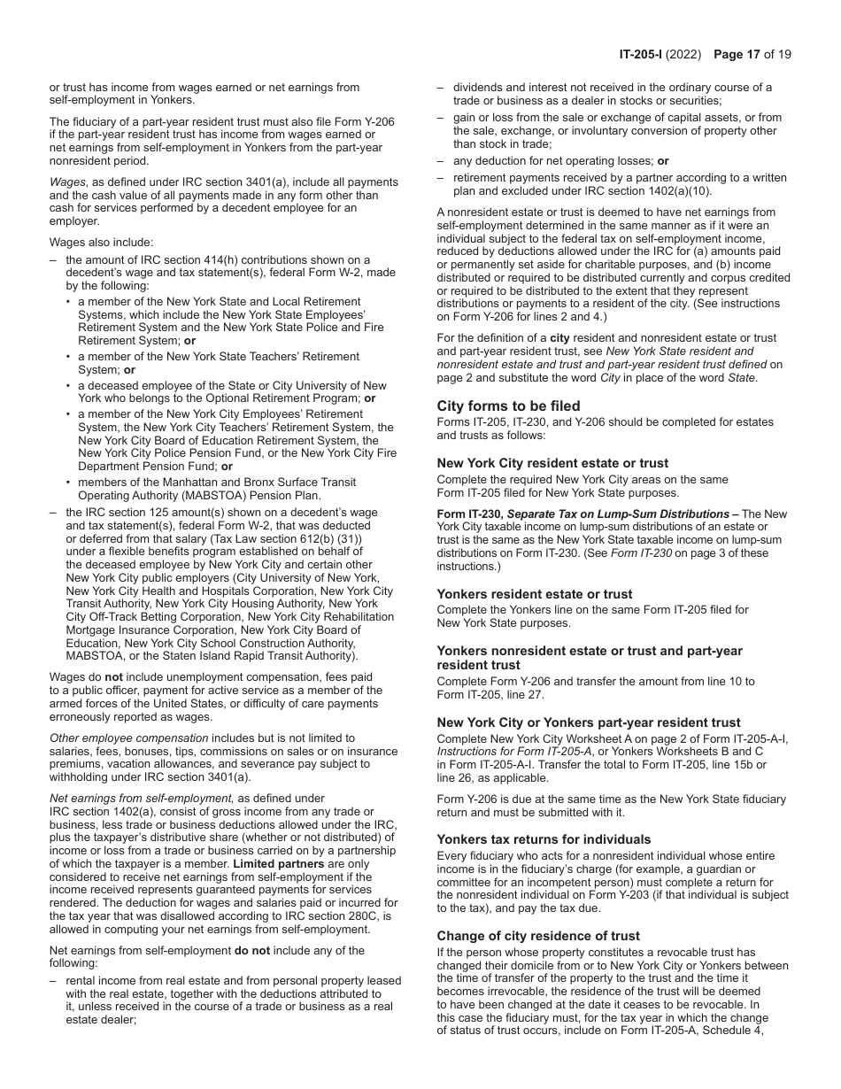 Instructions for Form IT-205 Fiduciary Income Tax Return - New York, Page 17