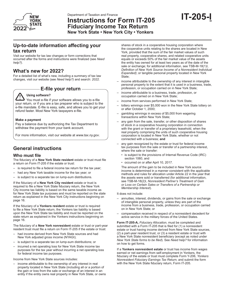 Instructions for Form IT-205 Fiduciary Income Tax Return - New York, Page 1