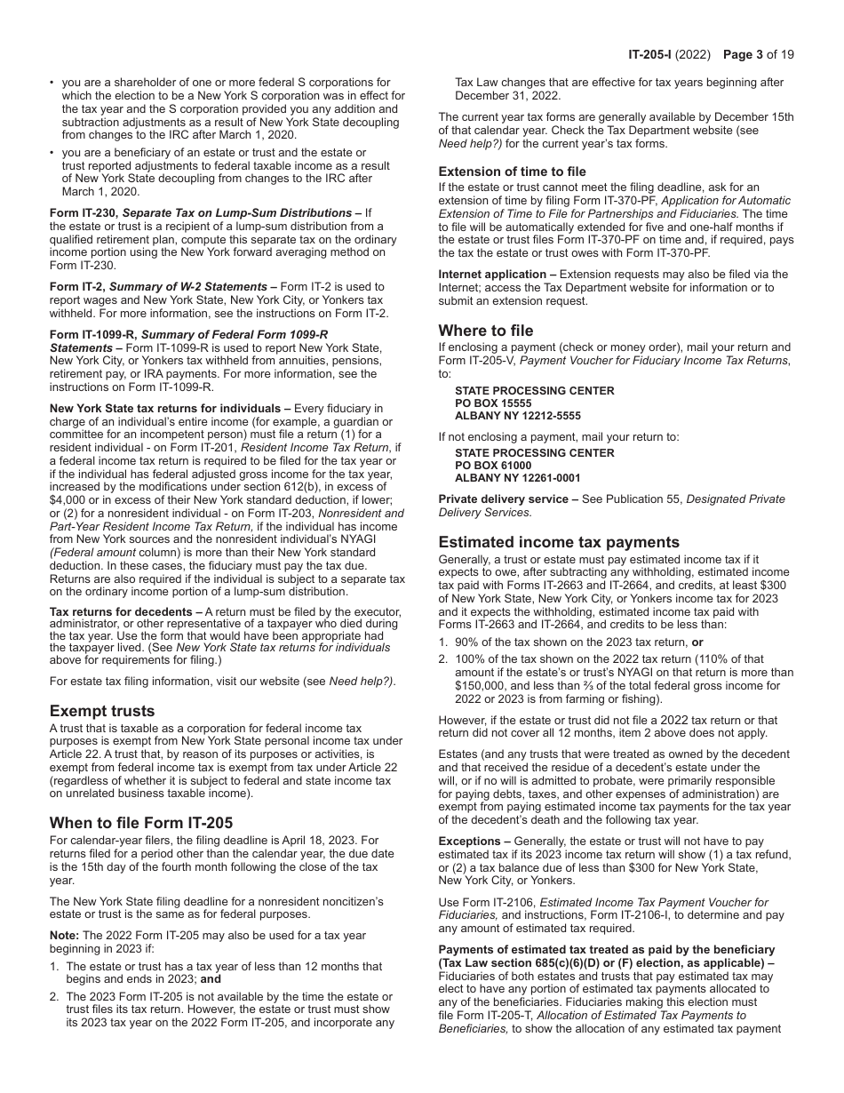 Instructions for Form IT-205 Fiduciary Income Tax Return - New York, Page 3