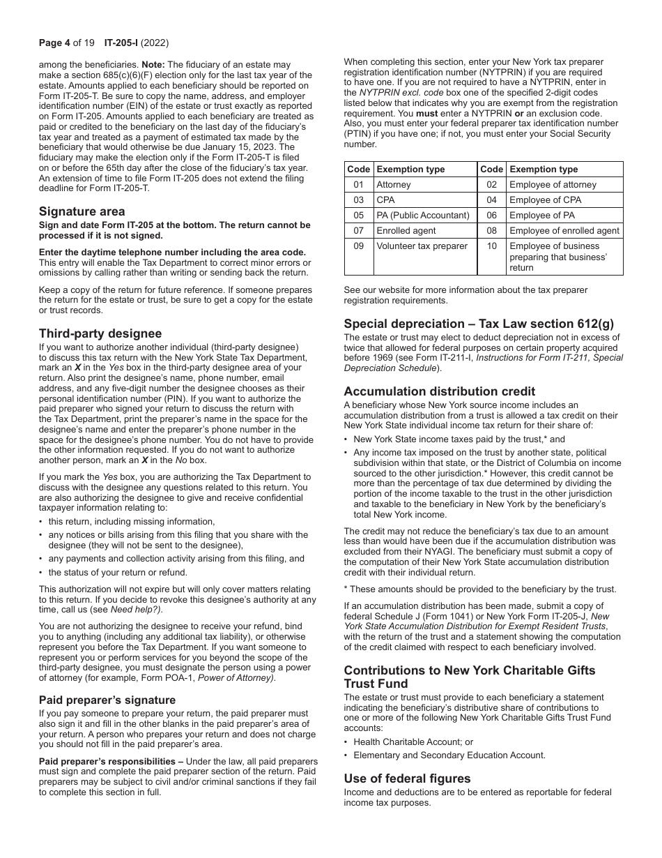 Instructions for Form IT-205 Fiduciary Income Tax Return - New York, Page 4