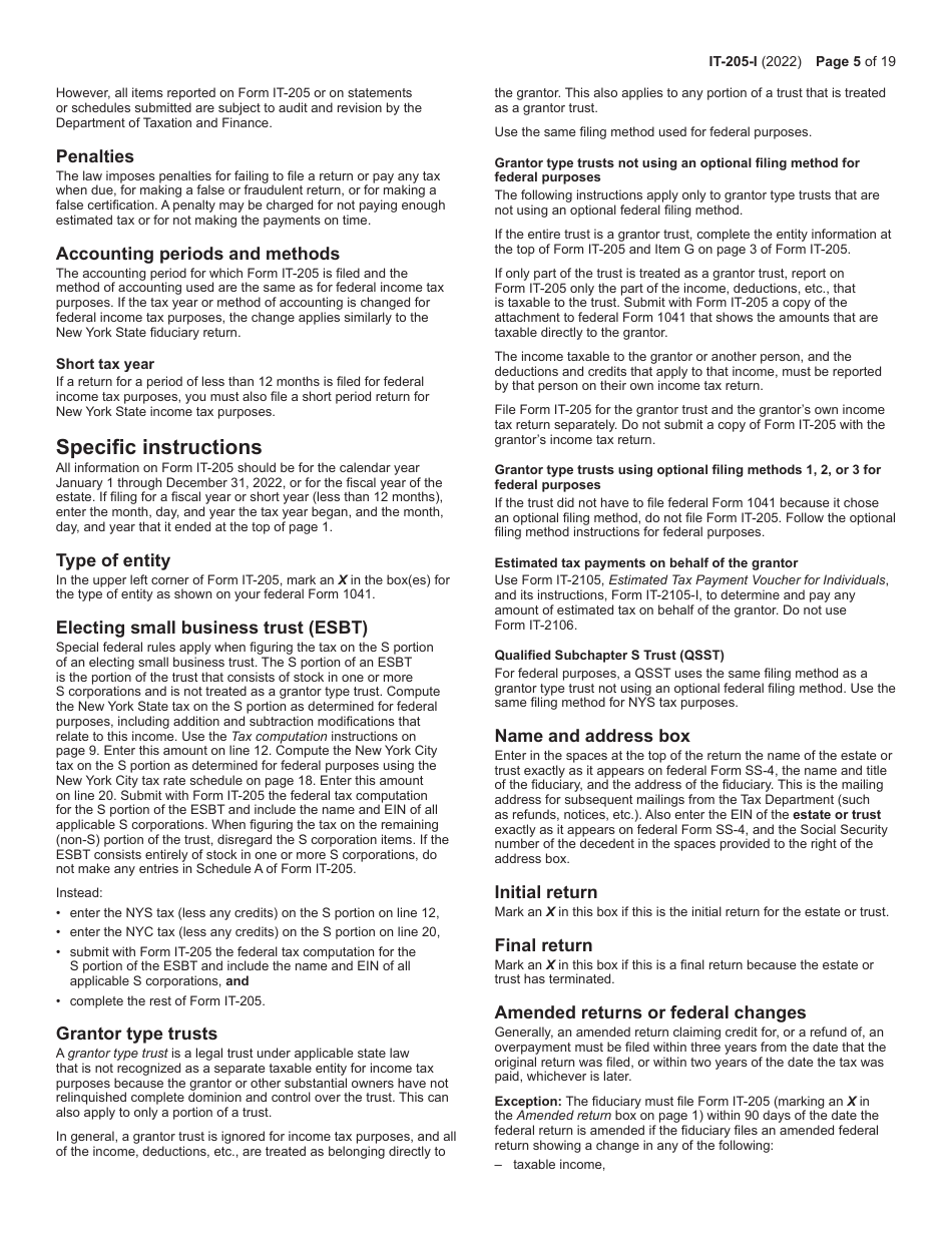 Instructions for Form IT-205 Fiduciary Income Tax Return - New York, Page 5