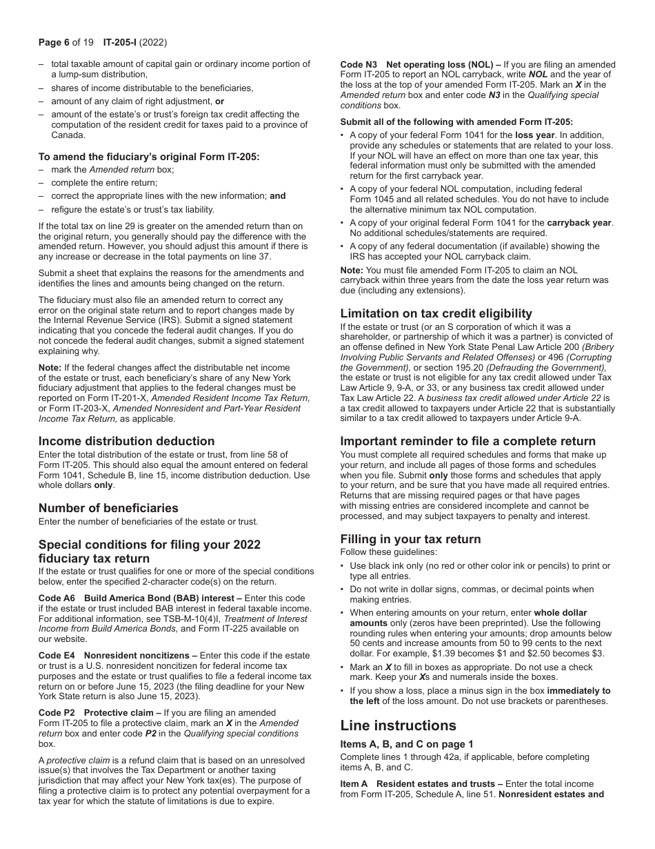 Instructions for Form IT-205 Fiduciary Income Tax Return - New York, Page 6