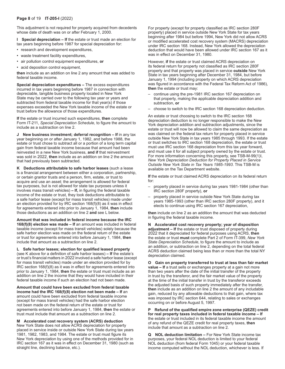 Instructions for Form IT-205 Fiduciary Income Tax Return - New York, Page 8