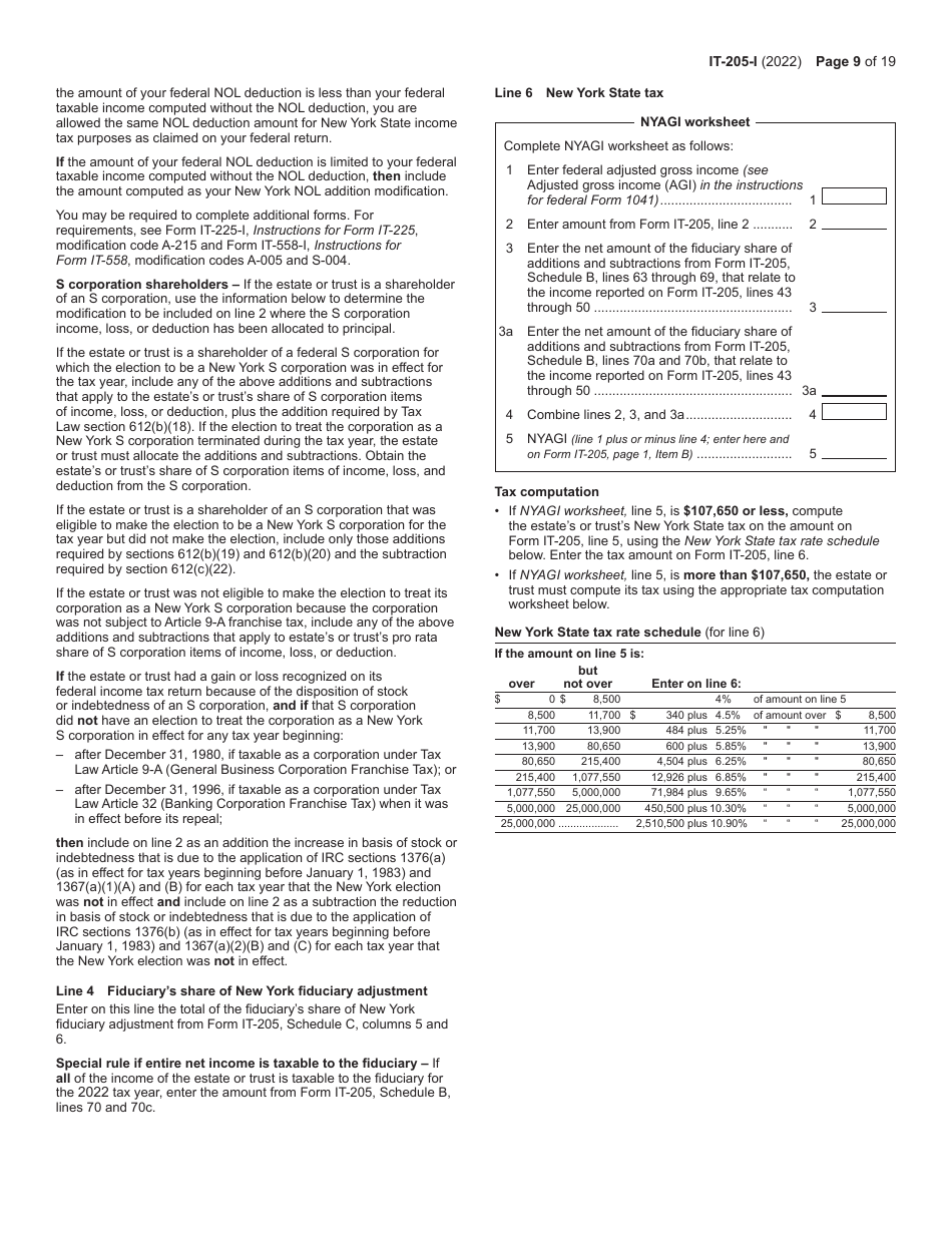 Instructions for Form IT-205 Fiduciary Income Tax Return - New York, Page 9