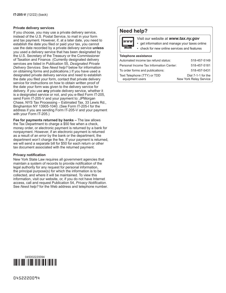 Form IT-205-V Payment Voucher for Fiduciary Income Tax Returns - New York, Page 2