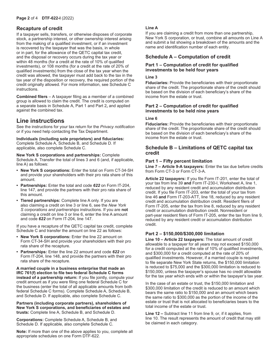 Instructions for Form DTF-622 Claim for Qetc Capital Tax Credit - New York, Page 2