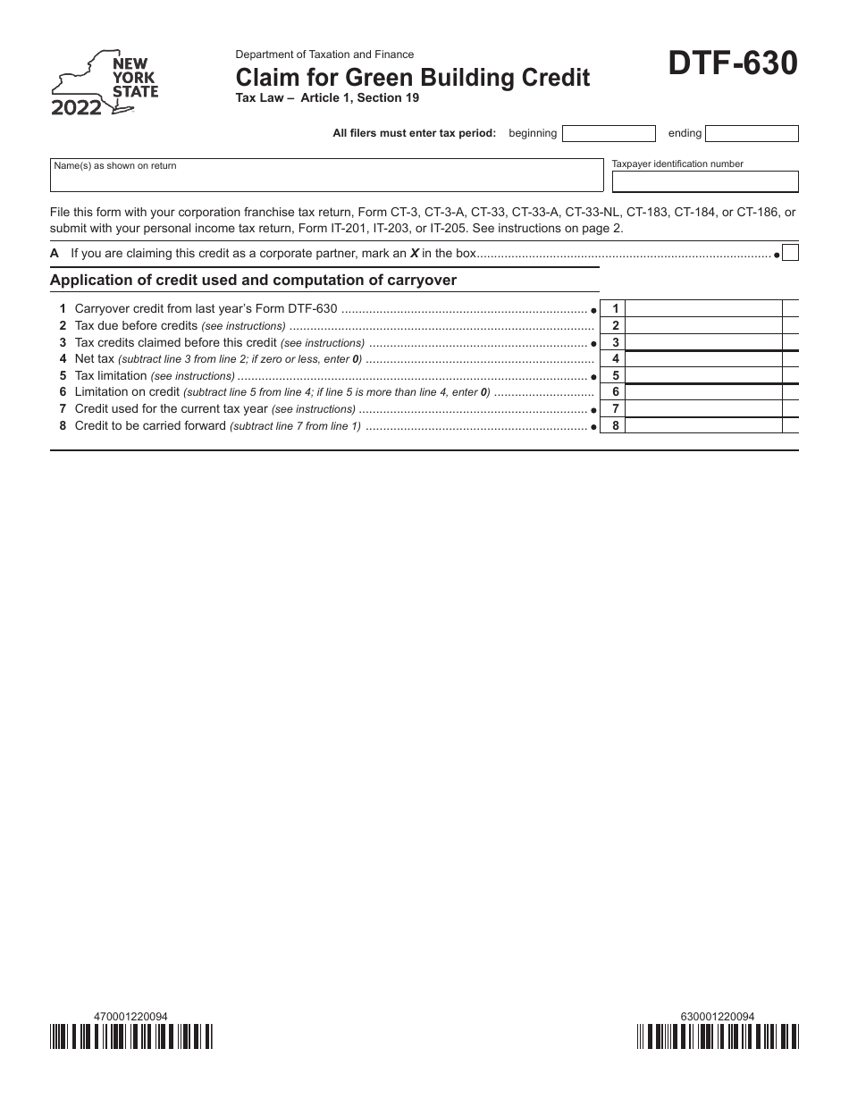 Form DTF-630 Claim for Green Building Credit - New York, Page 1