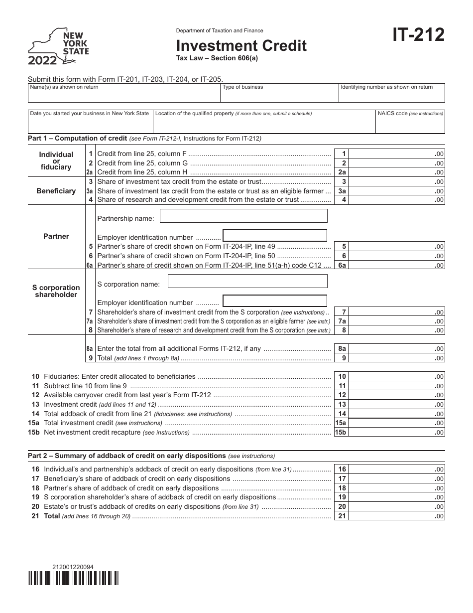 Form IT-212 Investment Credit - New York, Page 1