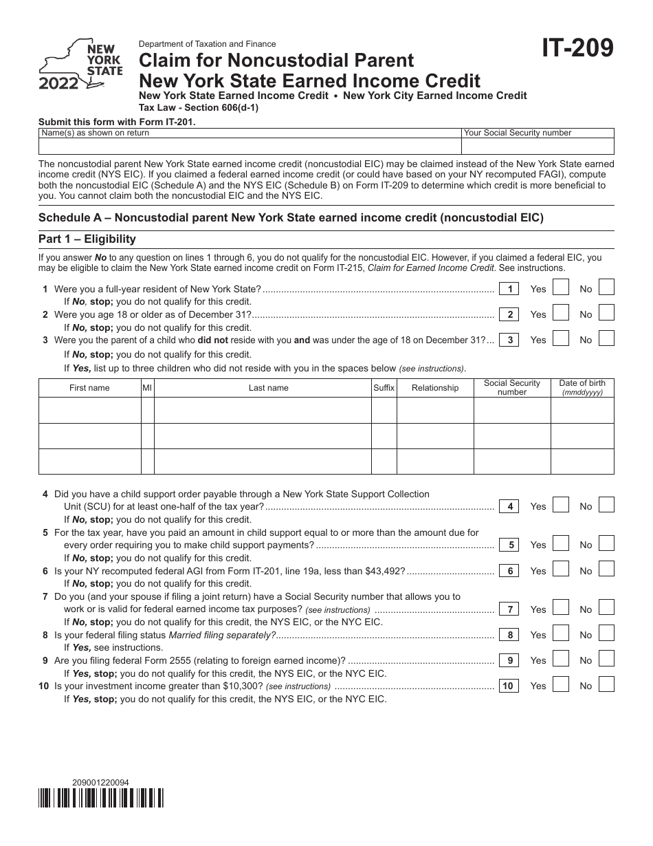 Form IT-209 Claim for Noncustodial Parent New York State Earned Income Credit - New York, Page 1