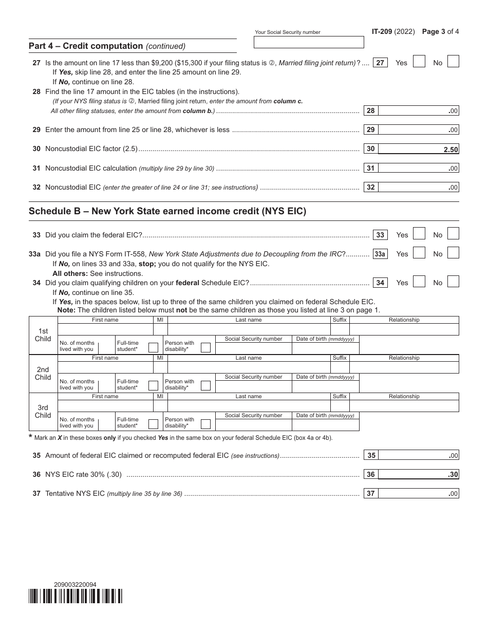 Form IT-209 Claim for Noncustodial Parent New York State Earned Income Credit - New York, Page 3