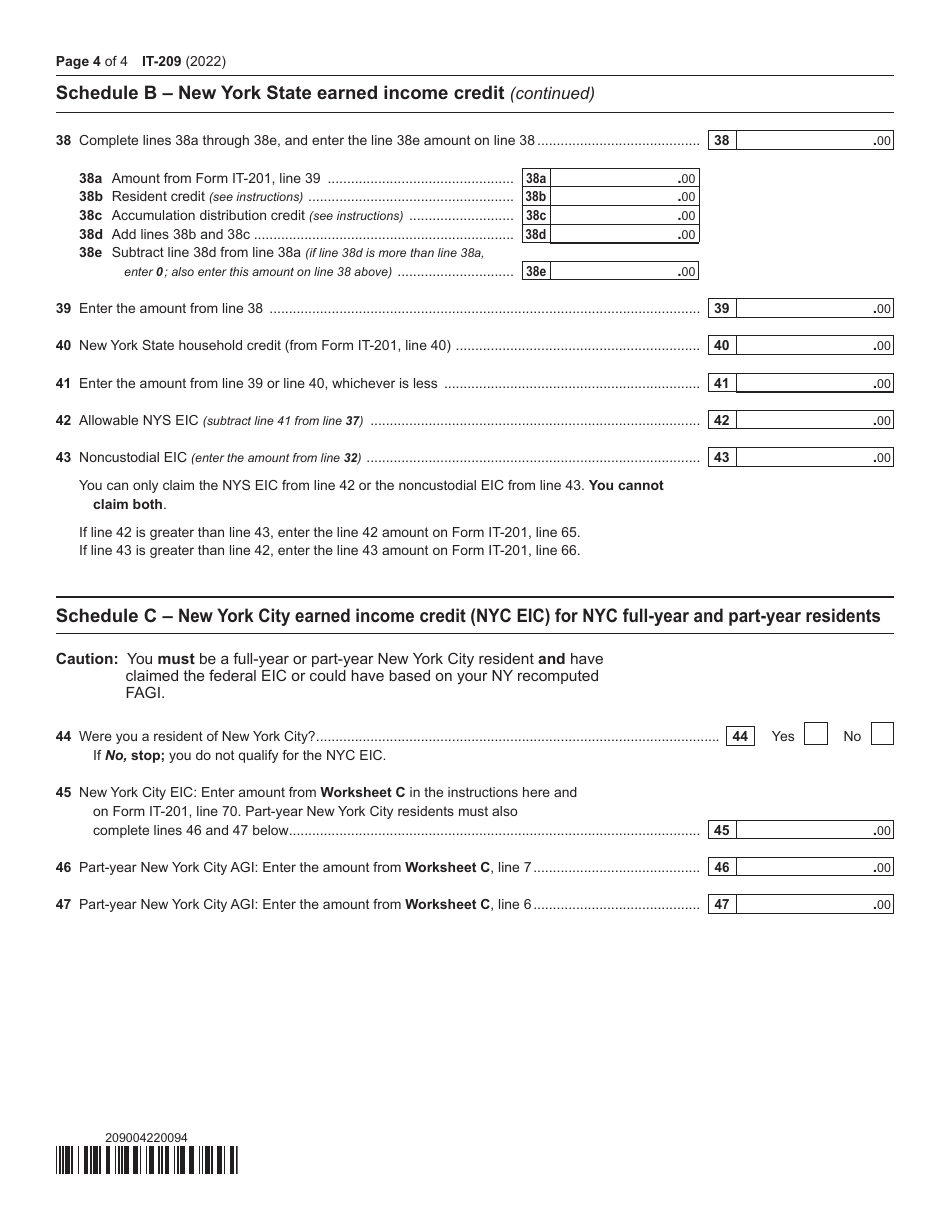 Form IT-209 Claim for Noncustodial Parent New York State Earned Income Credit - New York, Page 4