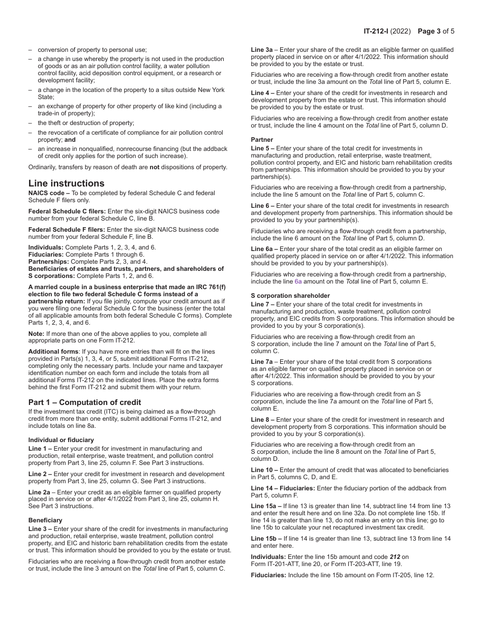 Instructions for Form IT-212 Investment Credit - New York, Page 3