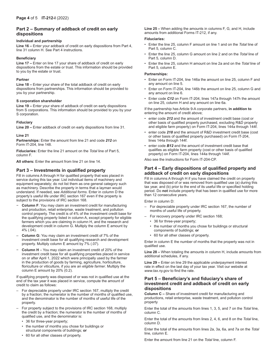 Instructions for Form IT-212 Investment Credit - New York, Page 4