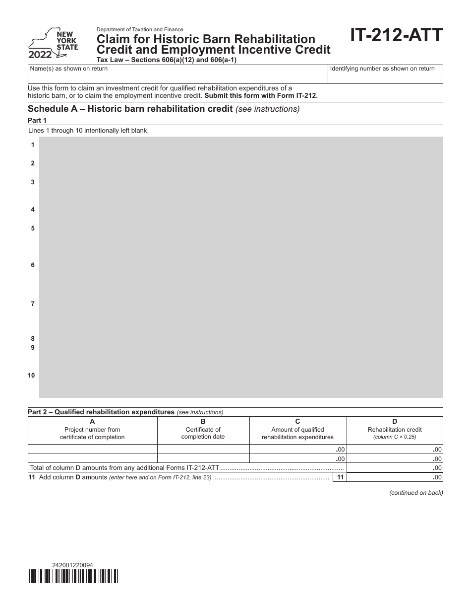 Form IT-212-ATT Claim for Historic Barn Rehabilitation Credit and Employment Incentive Credit - New York, Page 1