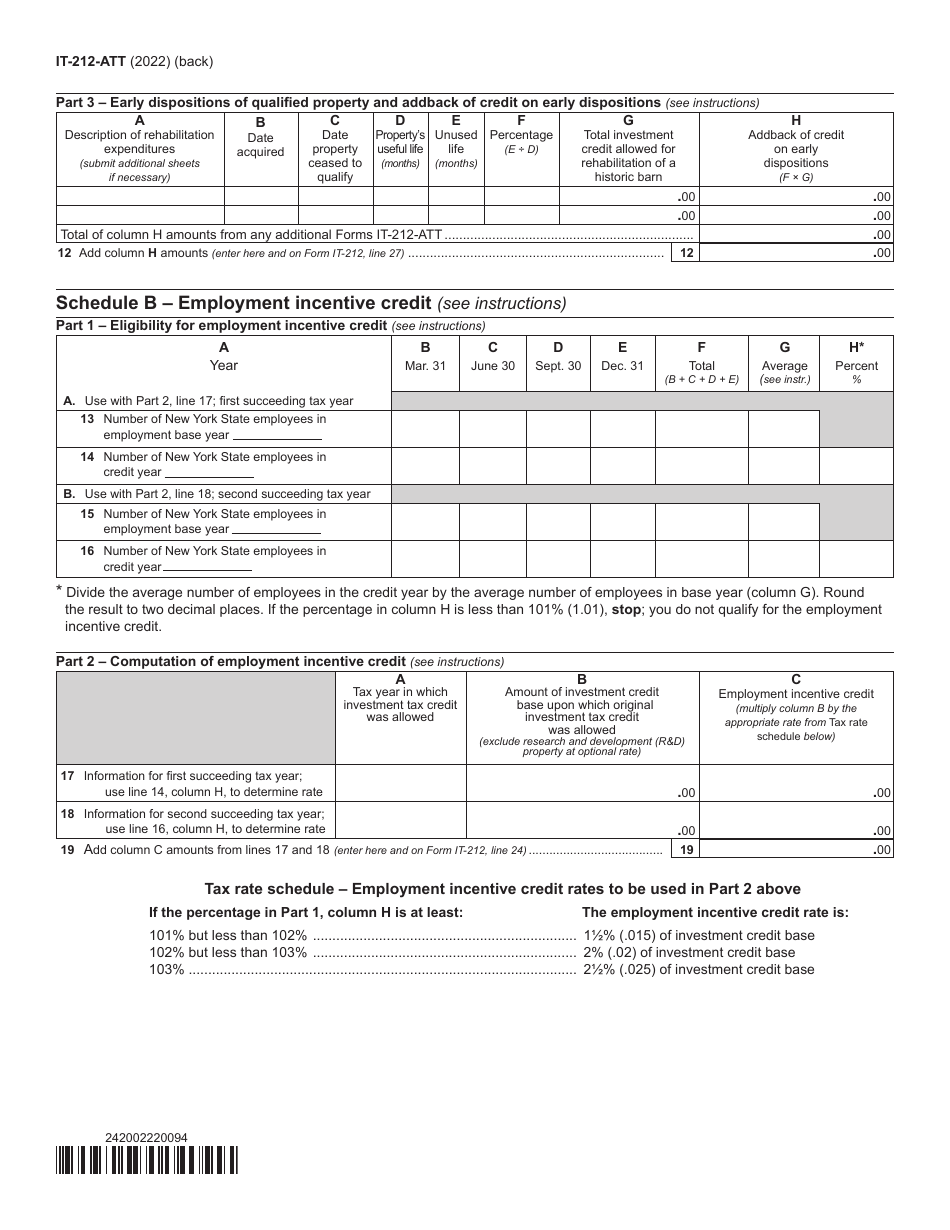 Form IT-212-ATT Claim for Historic Barn Rehabilitation Credit and Employment Incentive Credit - New York, Page 2