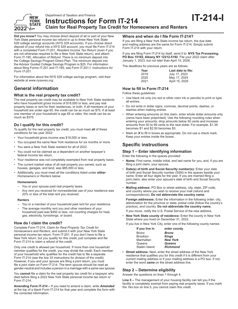 Download Instructions For Form IT 214 Claim For Real Property Tax 
