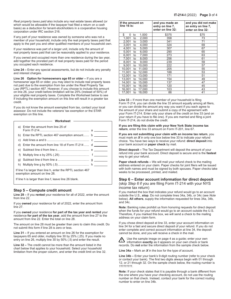 Instructions for Form IT-214 Claim for Real Property Tax Credit for Homeowners and Renters - New York, Page 3