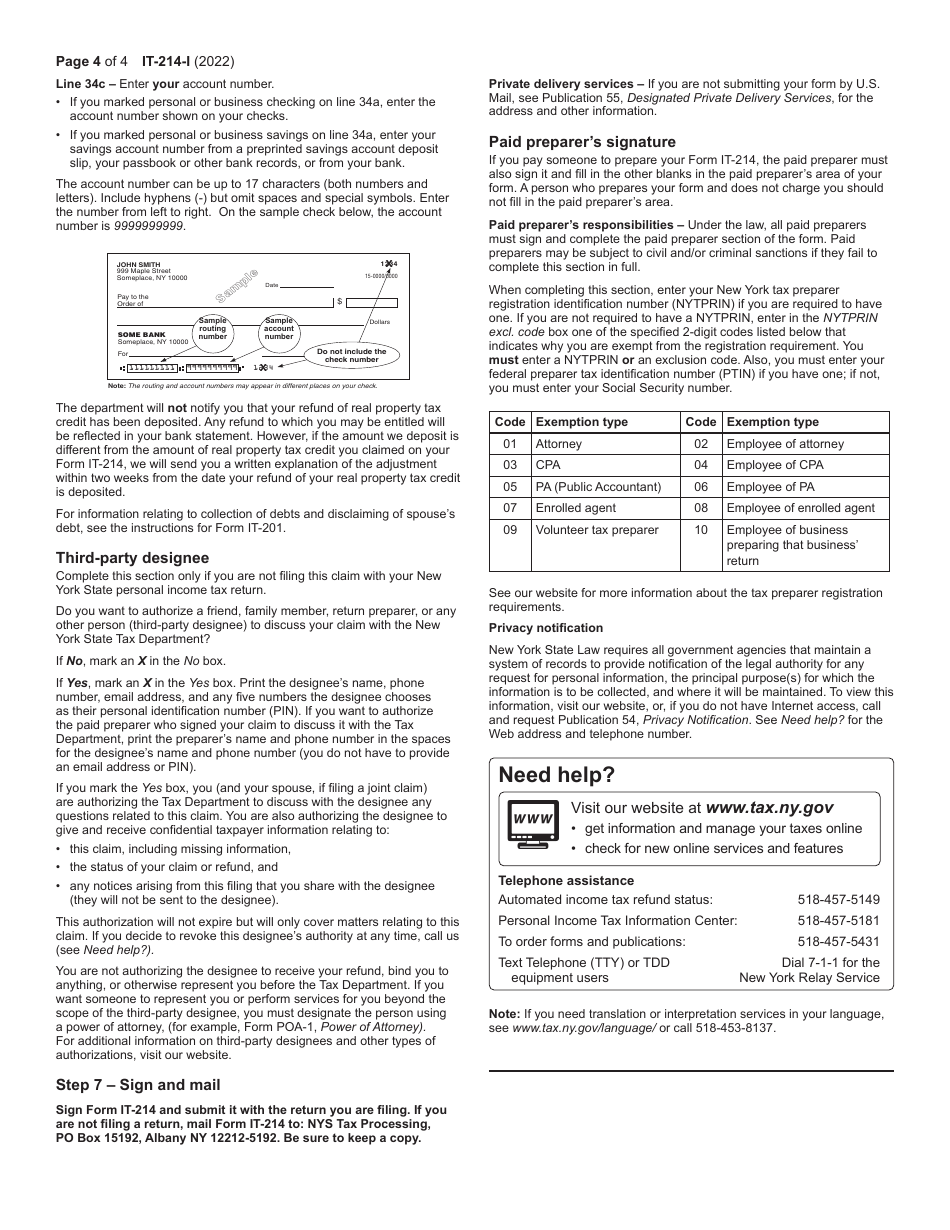 Instructions for Form IT-214 Claim for Real Property Tax Credit for Homeowners and Renters - New York, Page 4