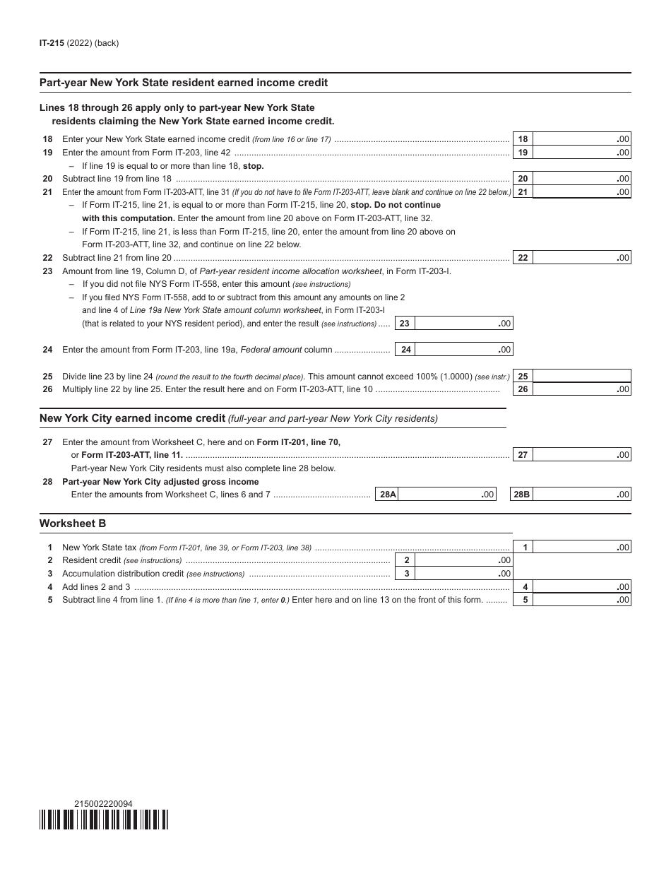 Form IT-215 Claim for Earned Income Credit - New York, Page 2