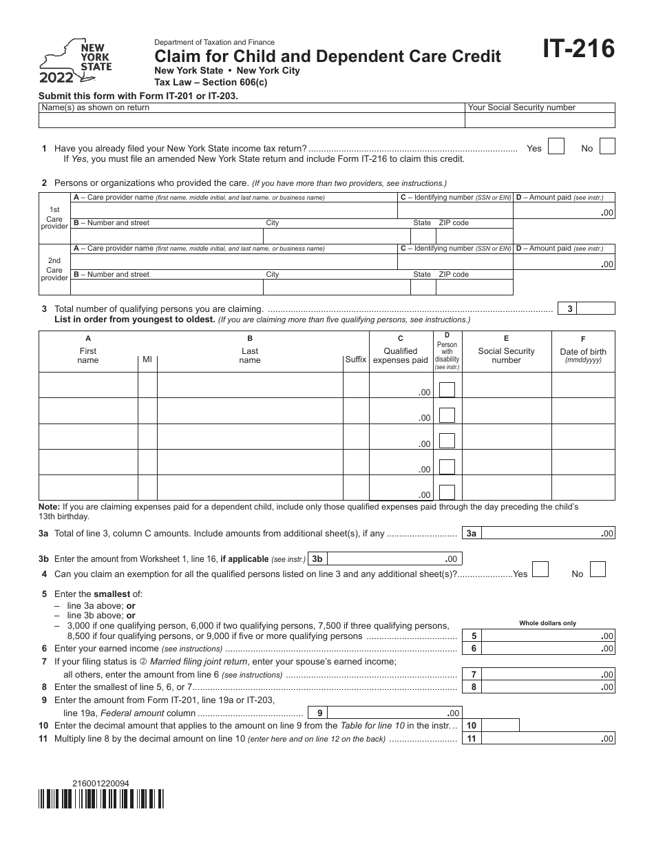 Form IT-216 Claim for Child and Dependent Care Credit - New York, Page 1