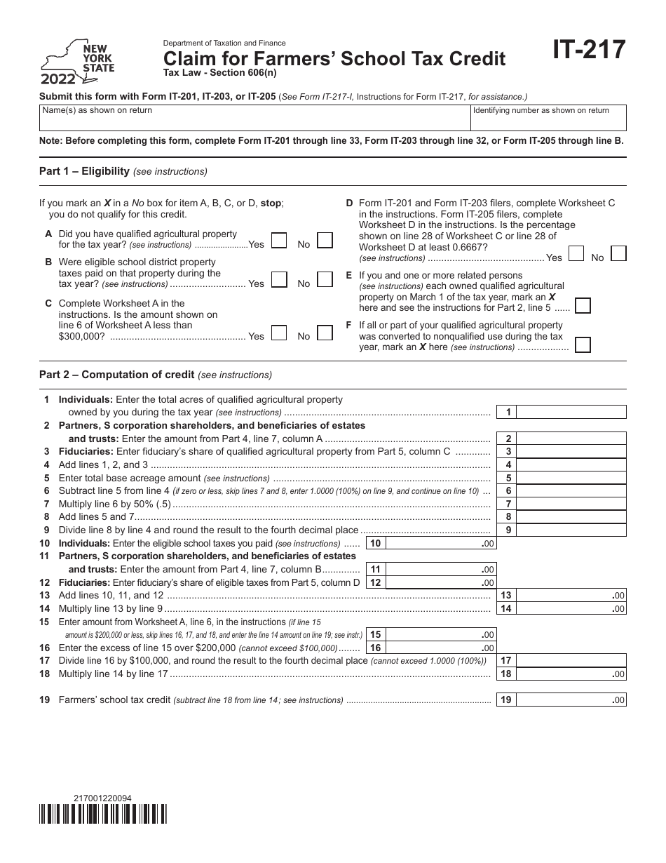 Form IT-217 Claim for Farmers School Tax Credit - New York, Page 1