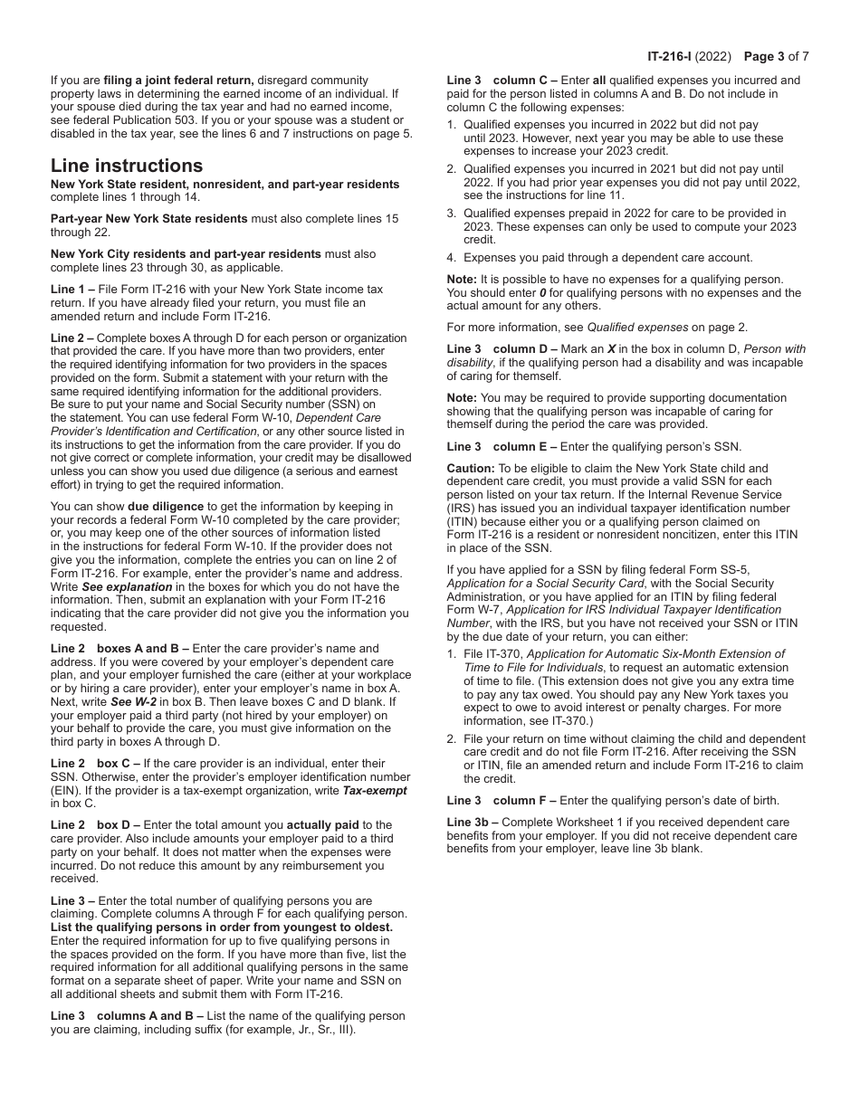 Instructions for Form IT-216 Claim for Child and Dependent Care Credit - New York, Page 3