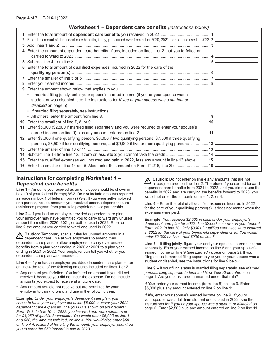 Instructions for Form IT-216 Claim for Child and Dependent Care Credit - New York, Page 4