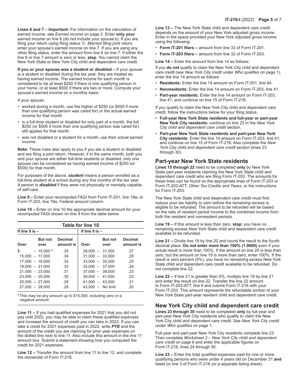 Instructions for Form IT-216 Claim for Child and Dependent Care Credit - New York, Page 5