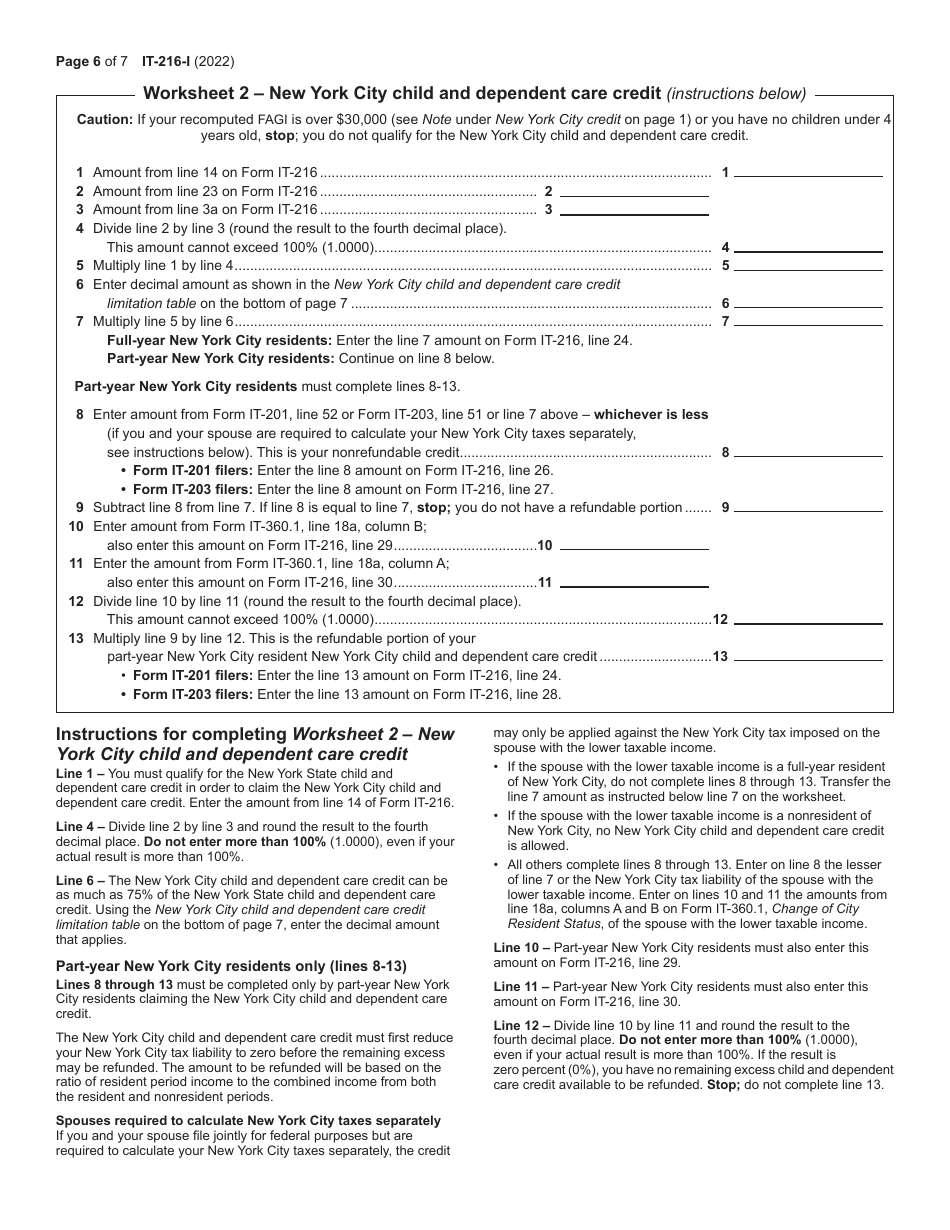 Instructions for Form IT-216 Claim for Child and Dependent Care Credit - New York, Page 6