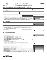 Document preview: Form IT-219 Credit for New York City Unincorporated Business Tax - New York