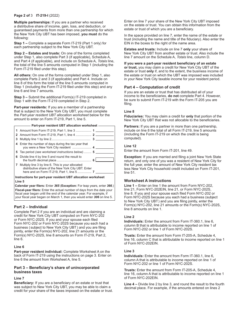 Instructions for Form IT-219 Credit for New York City Unincorporated Business Tax - New York, Page 2