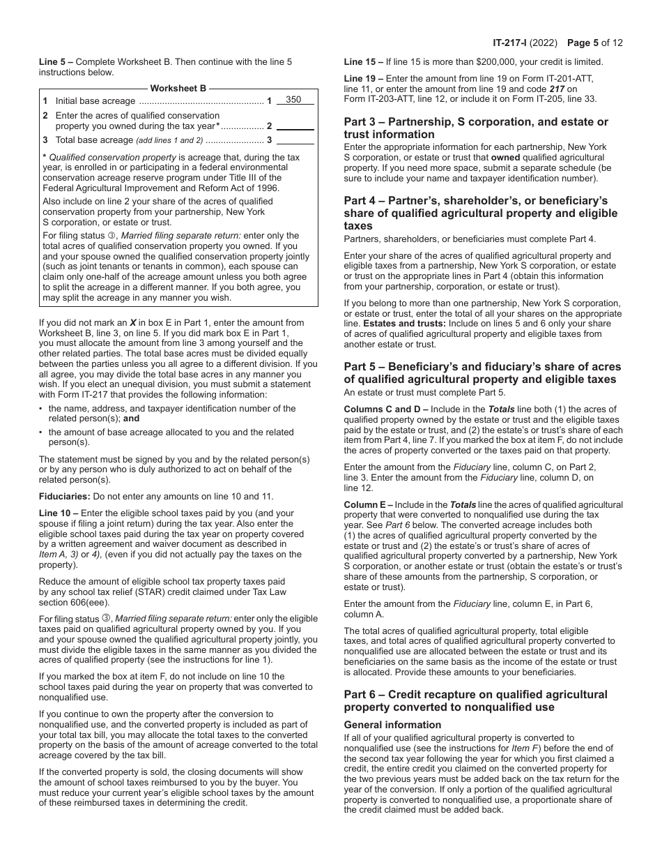 Instructions for Form IT-217 Claim for Farmers School Tax Credit - New York, Page 5