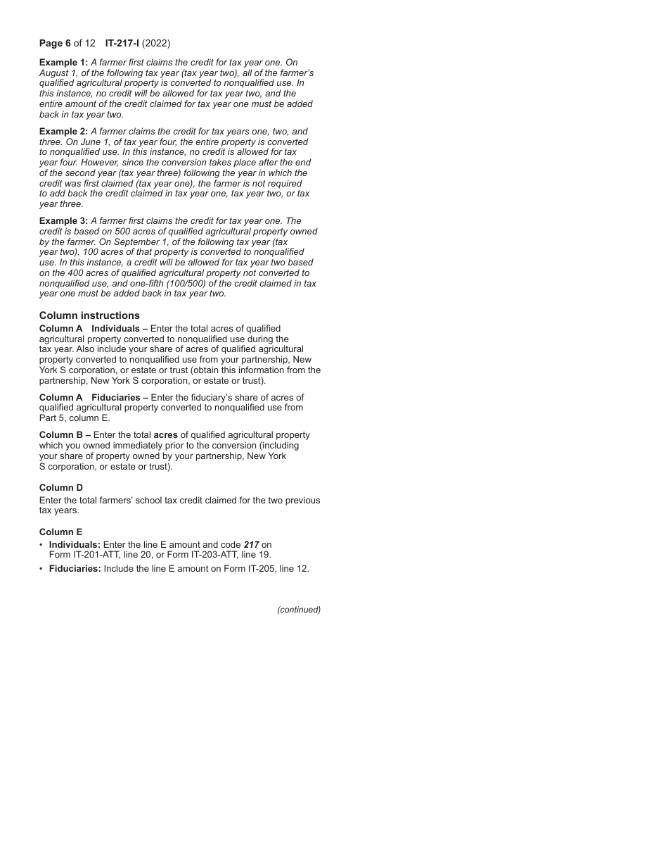 Instructions for Form IT-217 Claim for Farmers School Tax Credit - New York, Page 6