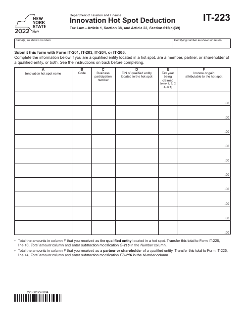 Form IT-223 2022 Printable Pdf