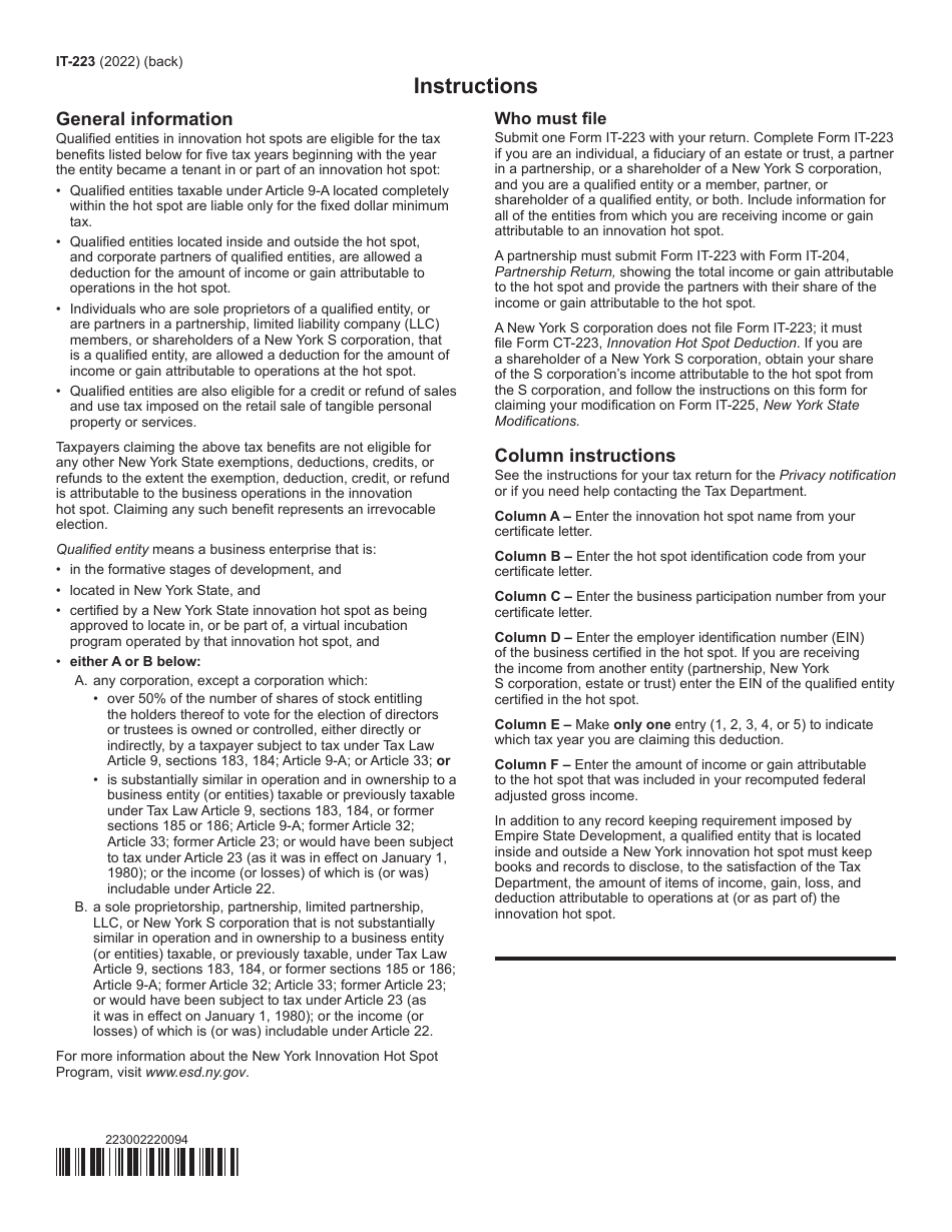 Form IT-223 Innovation Hot Spot Deduction - New York, Page 2