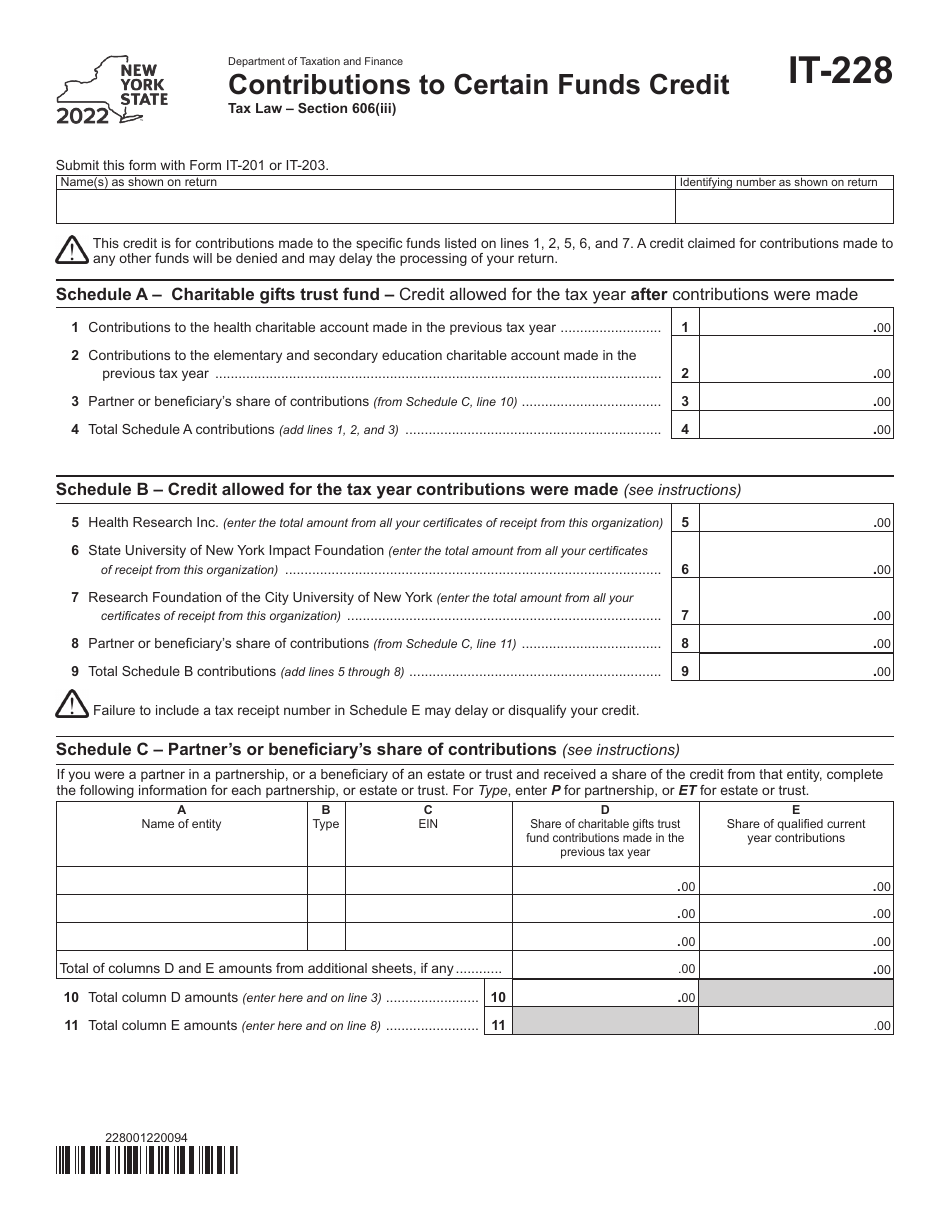 Form IT-228 Contributions to Certain Funds Credit - New York, Page 1